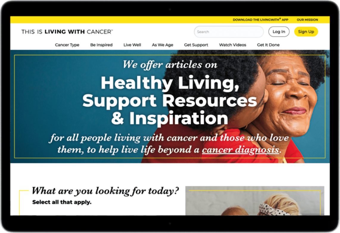 Image of computer screen showing treatment support resources for patients and caregivers through This Is Living With Cancer